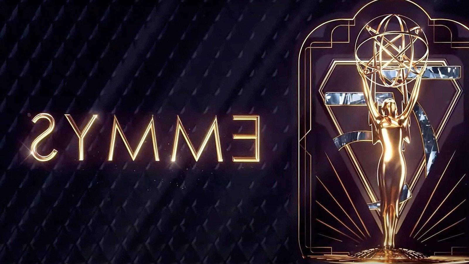 A graphic of an Emmy statuette in front of the number 75. Emmys is written in gold on the right side. The background is dark blue.
