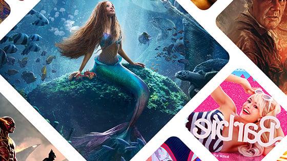 2023年夏季电影的马赛克图像, including ‘The Little Mermaid,’ ‘Barbie,以及《夺宝奇兵:命运之盘》.'